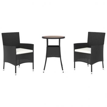 3-tlg. Garten-Bistro-Set mit Kissen Schwarz Poly Rattan