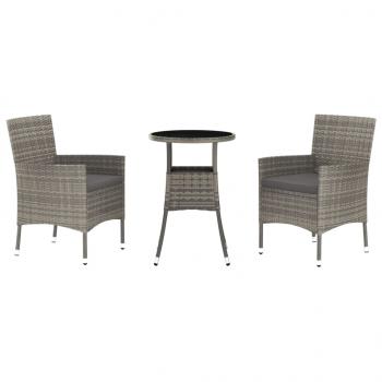 3-tlg. Garten-Bistro-Set mit Kissen Grau Poly Rattan