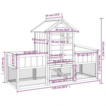 Kaninchenstall Grau 170x63x113 cm Massivholz Kiefer