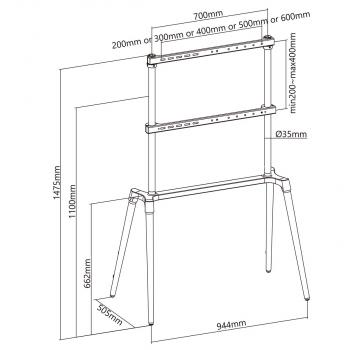 TV Bodenständer | 60 - 75 " | maximal unterstützes Bildschirmgewicht: 40 kg | Scandinavian Design | Anti-Kipp-Gurt | Schnappverschluss | Aluminium / Stahl | Schwarz