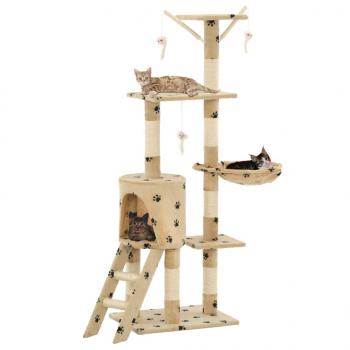 ARDEBO.de - Katzenkratzbaum mit Sisal 138 cm Beige Pfoten-Aufdruck