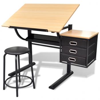 ARDEBO.de - Zeichentisch mit neigbarer Tischplatte 3 Schubladen und Hocker