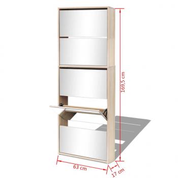 Schuhschrank mit 5 Fächern Spiegel Eiche 63x17x169,5 cm