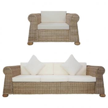 ARDEBO.de - 2-tlg. Sofagarnitur mit Kissen Natur Rattan