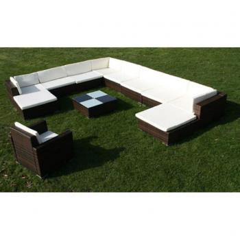 12-tlg. Garten-Lounge-Set mit Auflagen Poly Rattan Braun