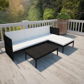 ARDEBO.de - 3-tlg. Garten-Lounge-Set mit Kissen Poly-Rattan Schwarz