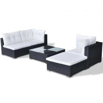 5-tlg. Garten-Lounge-Set mit Auflagen Poly Rattan Schwarz