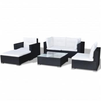 6-tlg. Garten-Lounge-Set mit Auflagen Poly Rattan Schwarz