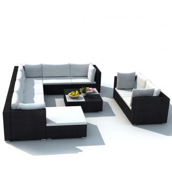 10-tlg. Garten-Lounge-Set mit Auflagen Poly Rattan Schwarz