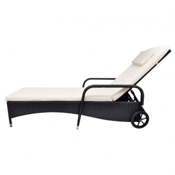 Sonnenliege mit Polster & Rollen Poly Rattan Schwarz