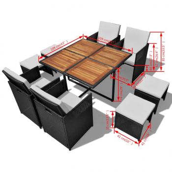 9-tlg. Garten-Essgruppe Poly Rattan Akazienholz Schwarz