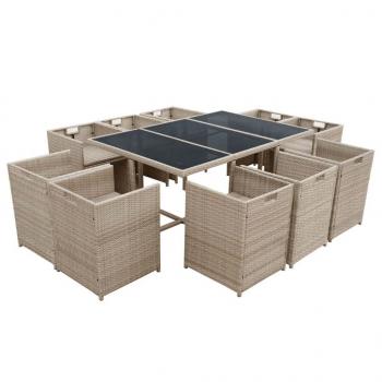 11-tlg. Garten-Essgruppe mit Auflagen Poly Rattan Beige