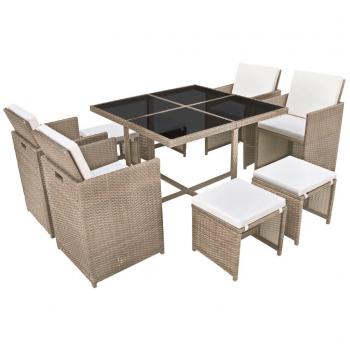 9-tlg. Garten-Essgruppe mit Auflagen Poly Rattan Beige