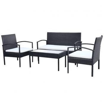 4-tlg. Garten-Lounge-Set mit Auflagen Poly Rattan Schwarz