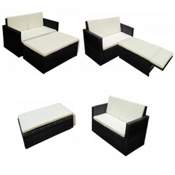 2-tlg. Garten-Lounge-Set mit Auflagen Poly Rattan Schwarz