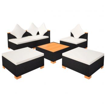 6-tlg. Garten-Lounge-Set mit Auflagen Poly Rattan Schwarz