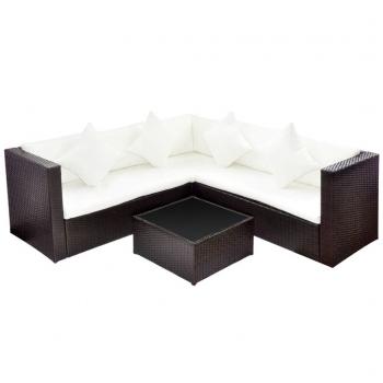 4-tlg. Garten-Lounge-Set mit Kissen Poly-Rattan Braun