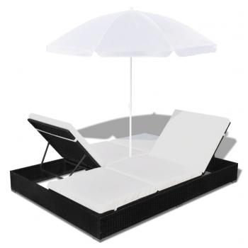 Outdoor-Loungebett mit Sonnenschirm Poly Rattan Schwarz