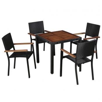 ARDEBO.de - 5-tlg. Garten-Essgruppe Poly Rattan Akazie Massivholz Schwarz