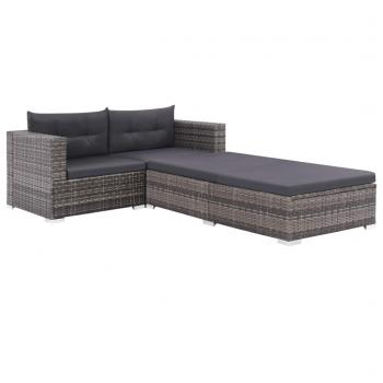 3-tlg. Garten-Lounge-Set mit Auflagen Poly Rattan Grau