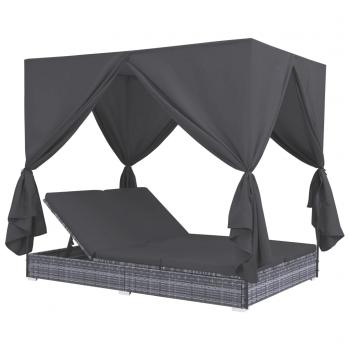 ARDEBO.de - Outdoor-Lounge-Bett mit Vorhängen Poly Rattan Grau