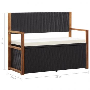 Bank mit Stauraum 115 cm Poly Rattan Massivholz Akazie Schwarz