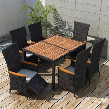 ARDEBO.de - 7-tlg. Garten-Essgruppe Poly Rattan Akazienholz Schwarz