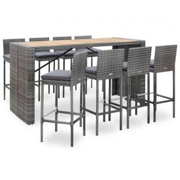 ARDEBO.de - 9-tlg. Garten-Bar-Set Poly Rattan und Akazienholz Grau