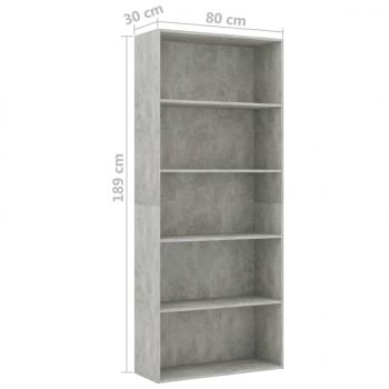 Bücherregal 5 Fächer Betongrau 80x30x189 cm Holzwerkstoff