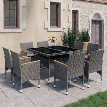 ARDEBO.de - 9-tlg. Garten-Essgruppe Poly Rattan und Akazienholz Grau