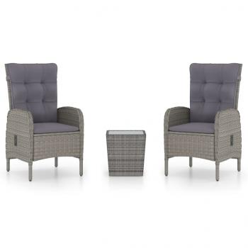 3-tlg. Bistro-Set Poly Rattan und Glas Grau