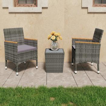 ARDEBO.de - 3-tlg. Bistro-Set Poly Rattan und Hartglas Grau