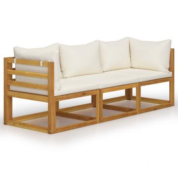 3-Sitzer-Gartensofa mit Auflage Creme Akazie Massivholz