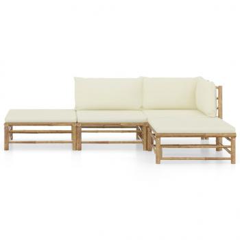 4-tlg. Garten-Lounge-Set mit Cremeweißen Kissen Bambus