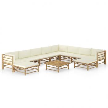 ARDEBO.de - 11-tlg. Garten-Lounge-Set mit Cremeweißen Kissen Bambus