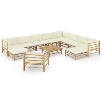 ARDEBO.de - 12-tlg. Garten-Lounge-Set mit Cremeweißen Kissen Bambus