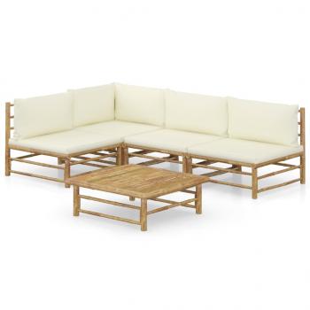 ARDEBO.de - 5-tlg. Garten-Lounge-Set mit Cremeweißen Kissen Bambus