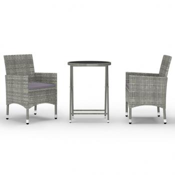 3-tlg. Bistro-Set Poly Rattan und Hartglas Grau