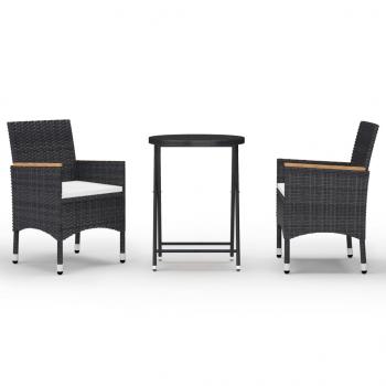 3-tlg. Bistro-Set Poly Rattan und Hartglas Schwarz