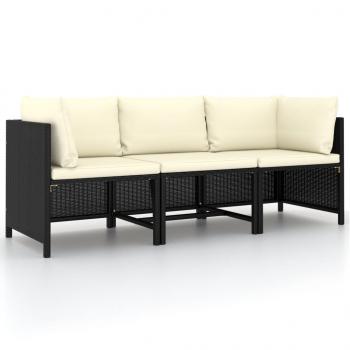 ARDEBO.de - 3-Sitzer-Gartensofa mit Auflagen Schwarz Poly Rattan