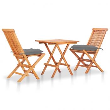 ARDEBO.de - 3-tlg. Bistro-Set mit Grauen Kissen Massivholz Teak