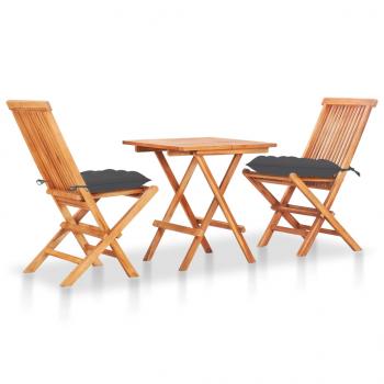 ARDEBO.de - 3-tlg. Bistro-Set mit Anthrazit Kissen Massivholz Teak