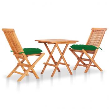 ARDEBO.de - 3-tlg. Bistro-Set mit Grünen Kissen Massivholz Teak