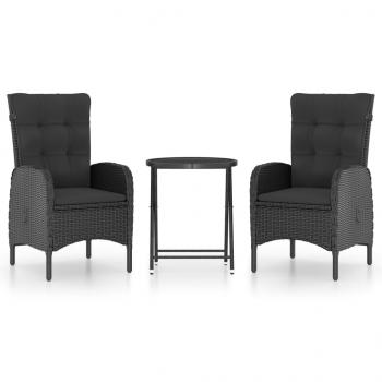 3-tlg. Bistro-Set Poly Rattan und Glas Schwarz