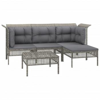 5-tlg. Garten-Lounge-Set mit Kissen Grau Poly Rattan