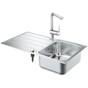 GROHE Minta Set aus Spüle und Küchenarmatur, hoher Auslauf, Einlochmontage, reversibel, Edelstahl (31573SD1)