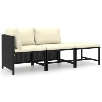 3-tlg. Garten-Lounge-Set mit Kissen Poly Rattan Schwarz