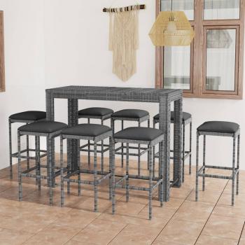 ARDEBO.de - 9-tlg. Gartenbar-Set mit Kissen Poly Rattan Grau