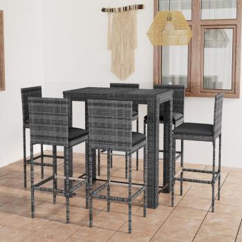 ARDEBO.de - 7-tlg. Gartenbar-Set mit Kissen Poly Rattan Grau