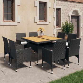 ARDEBO.de - 9-tlg. Garten-Essgruppe Poly Rattan Akazie Massivholz Schwarz 